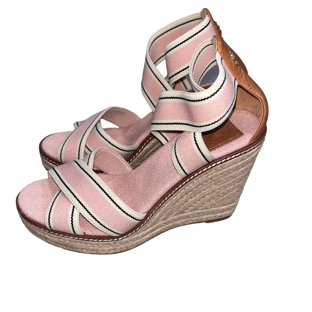 Tory Burch Pink Blush Frieda Espadrille Wedge Sandals Shoes size 7